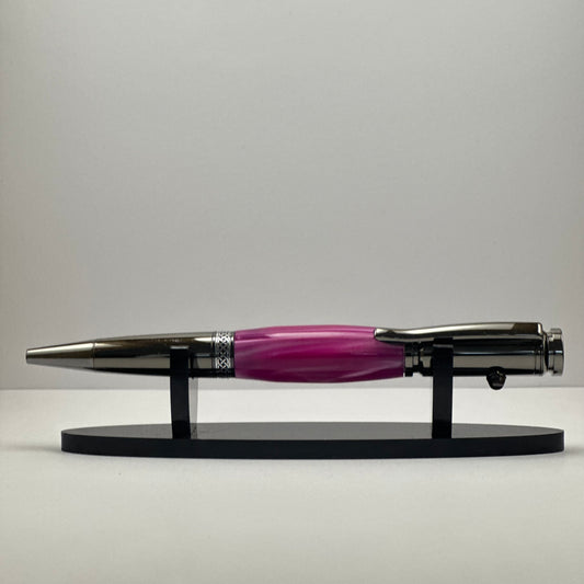 Candy pink bolt action ballpoint pen with Celtic accent.