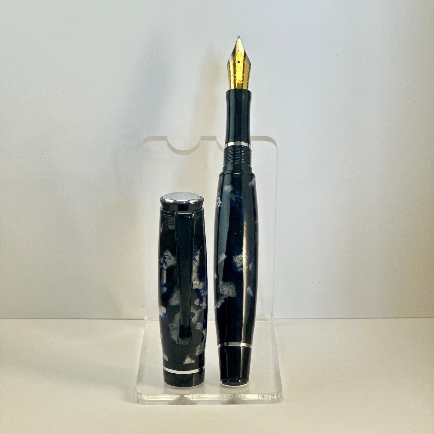 Blue Fleck and clear resin fountain pen